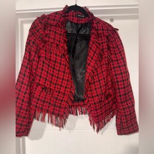 Red and Black Plaid Tweed Women's Jacket